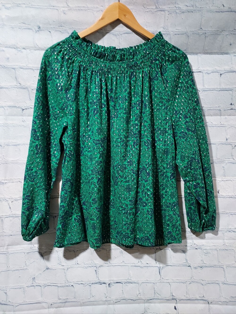 Talbots XL P Petite Smocked Blouse in Sketched Floral Green